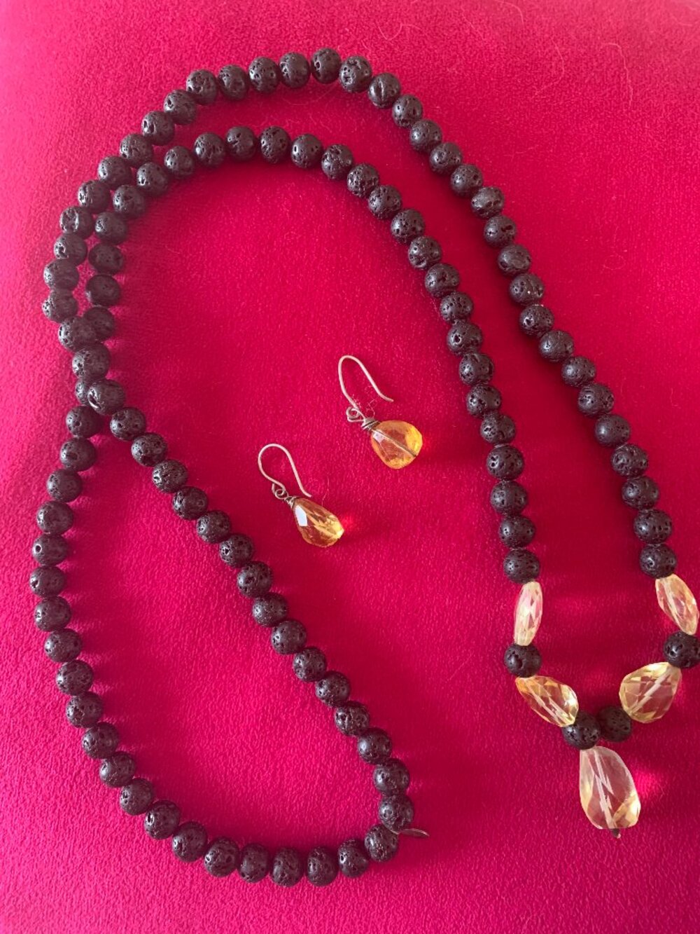 Mala Necklace and Matching Earrings - Citrine and Lava Stone
